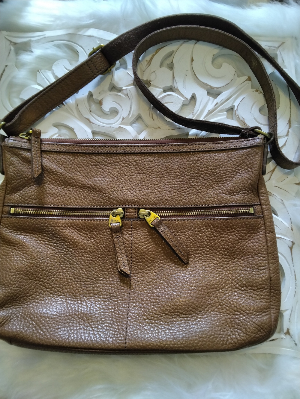 Fossil Brown Leather Logo Patch Bag Interior